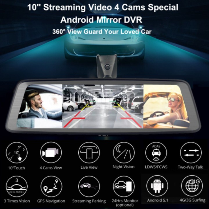 Camera hành trình cao cấp nhãn hiệu Whexune V9 Plus tích hợp 4 camera, Android Wifi GPS, màn hình cảm ứng 10 inch