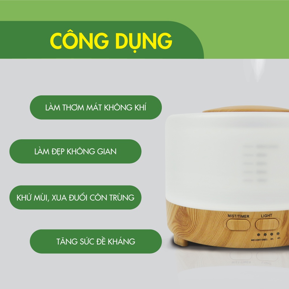 Máy Khuếch Tán Tinh Dầu Hình Trụ Vân Gỗ Đèn Led Có Remote: Tặng 3 Chai Tinh Dầu TOKI MORI Sả Chanh + Cam Ngọt + Bạc Hà