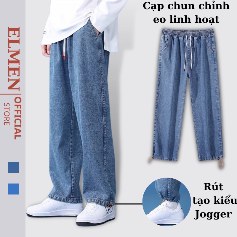 Quần Jean Nam Jogger Cạp Chun, Quần Bò Nam Ống Suông Rộng, Điều Chỉnh Eo Linh Hoạt, Chất Bò Cao Cấp, Phong Cách Hàn Quốc