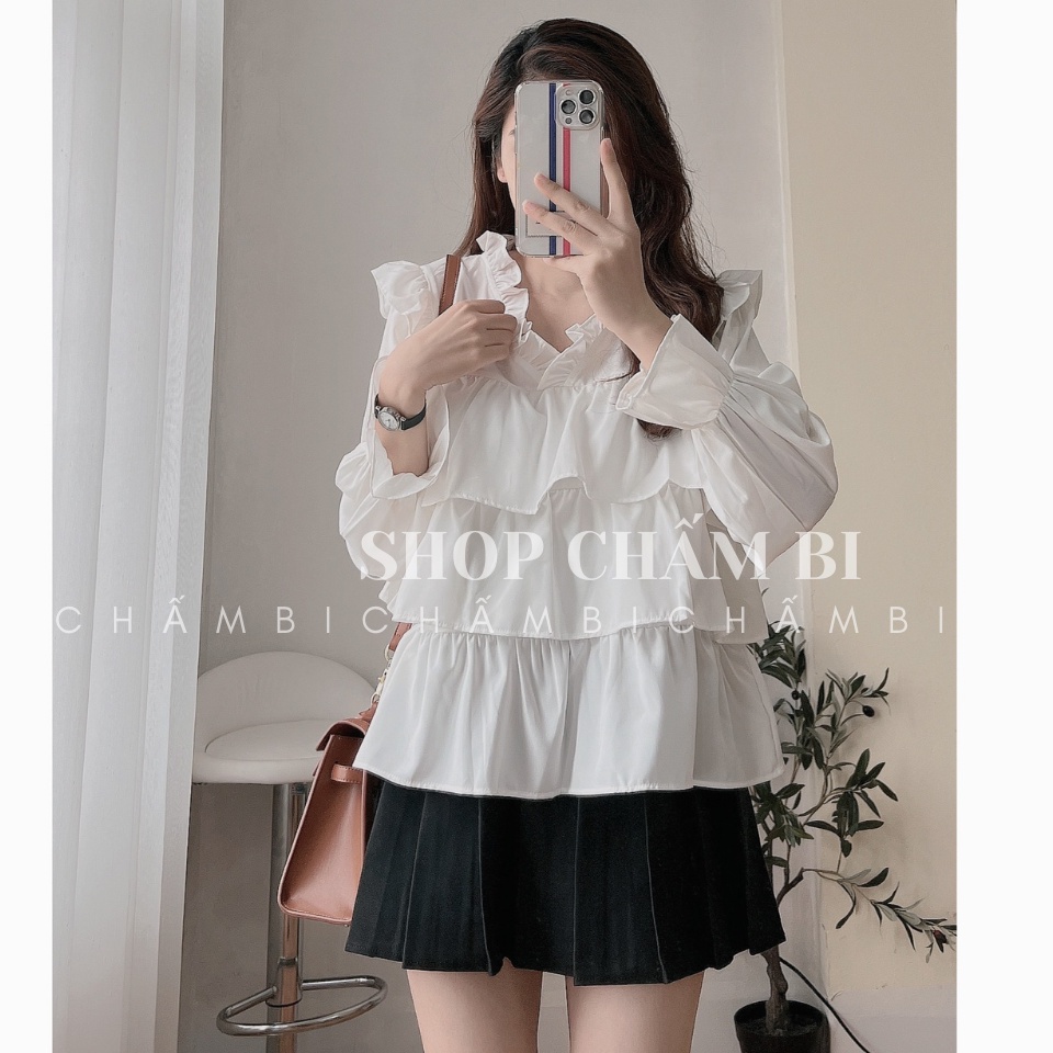 Áo kiểu nữ bánh bèo A.290, Áo sơ mi babydoll dài tay 3 tầng bèo xòe tay bo bèo nhẹ cổ tim cách điệu ngọt ngào cực xinh