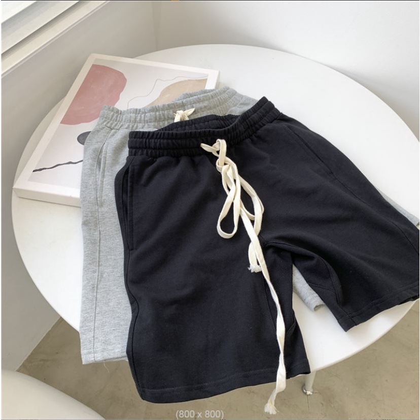 Quần sooc đùi nam nữ trơn vải nỉ da cá lưng thun dây rút, quần short unisex ống rộng basic 2 màu