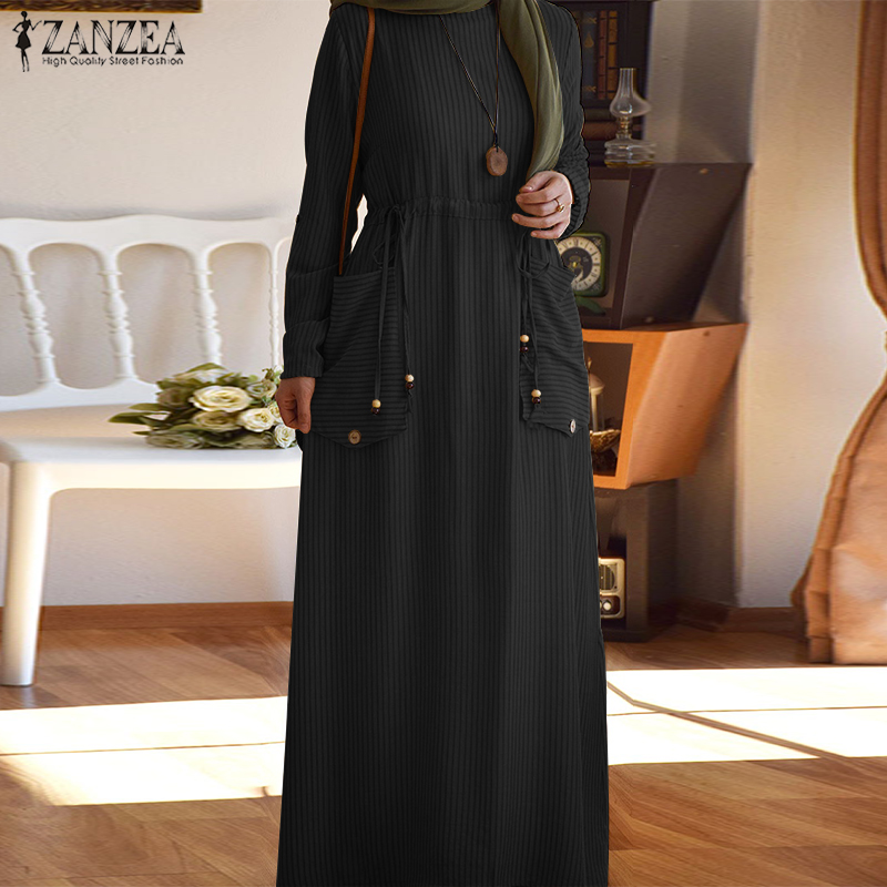 Đầm Maxi ZANZEA Tay Dài Hoạ Tiết Kẻ Sọc Cho Phụ Nữ Hồi Giáo