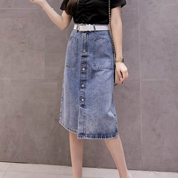 [TRỢ SHIP_CAO CẤP ] Chân váy jean ngang gối 07 C121 vải jean dày, không co dãn, dáng suông, có túi to