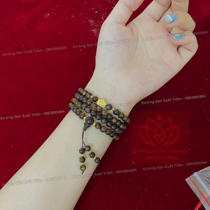 Chuỗi Trầm Hương 108 hạt mix Búp Sen Vàng - SIZE 6mm- Vòng gỗ nam nữ tự nhiên - Tốc &amp; Sánh