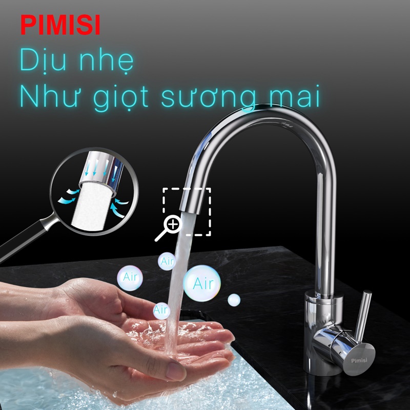 Vòi rửa bát nóng lạnh Pimisi đồng thau mạ xi Cr/Ni kiểu tròn điều chỉnh nhiệt độ bằng tay Kèm 2 Dây Cấp Nước| Chính hãng