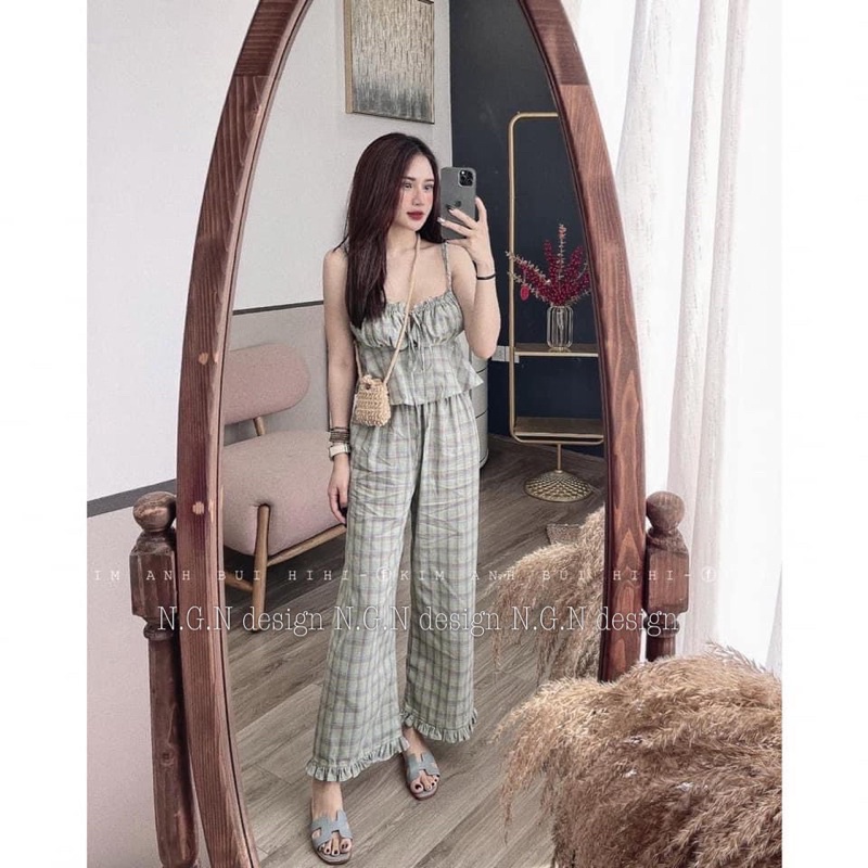 Bộ babaydoll hai dây mix quần suông ống rộng kẻ karo