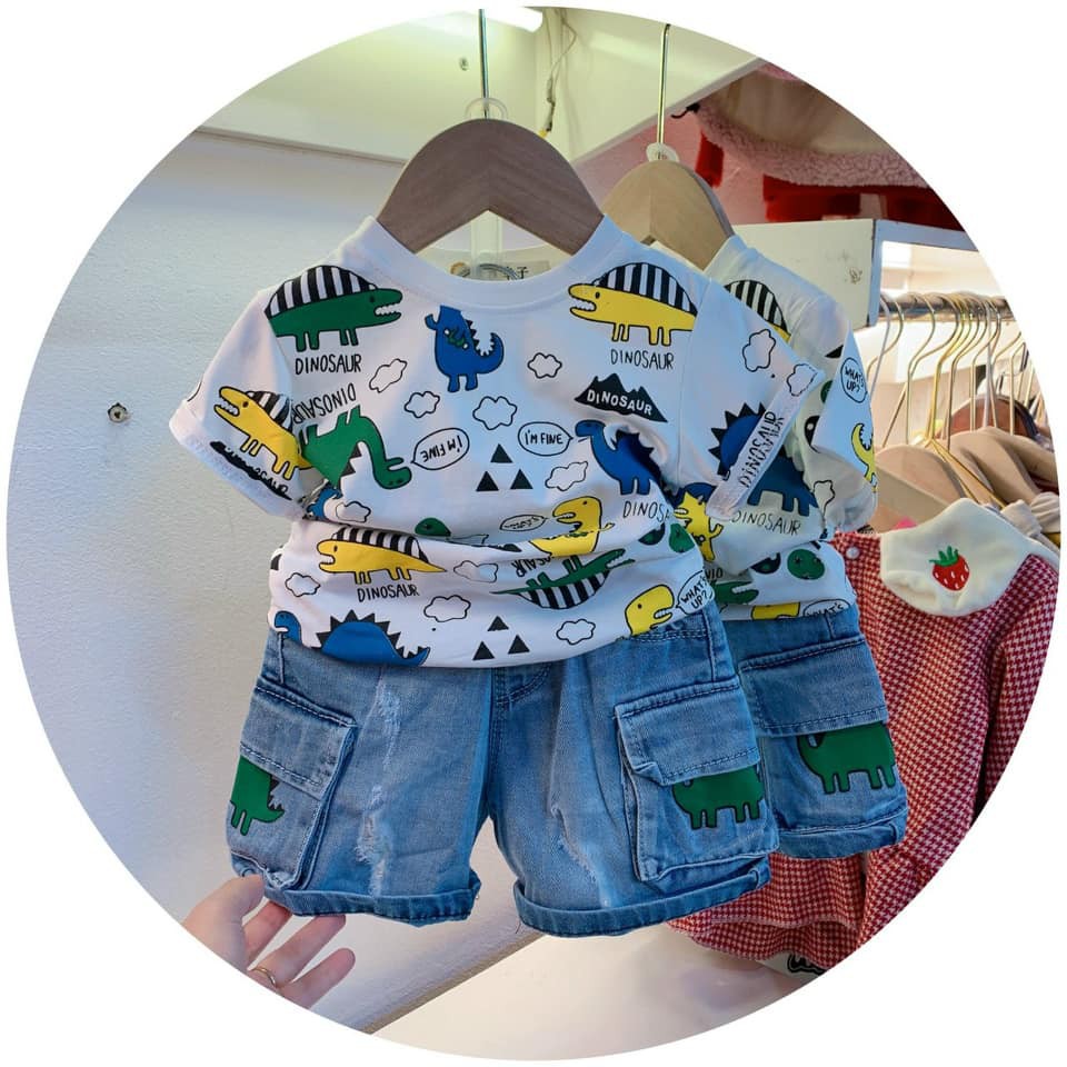 Bộ bé trai xuất đồ bộ cho bé trai mùa hè áo cotton in hình khủng long mix quần sooc jean mềm đẹp