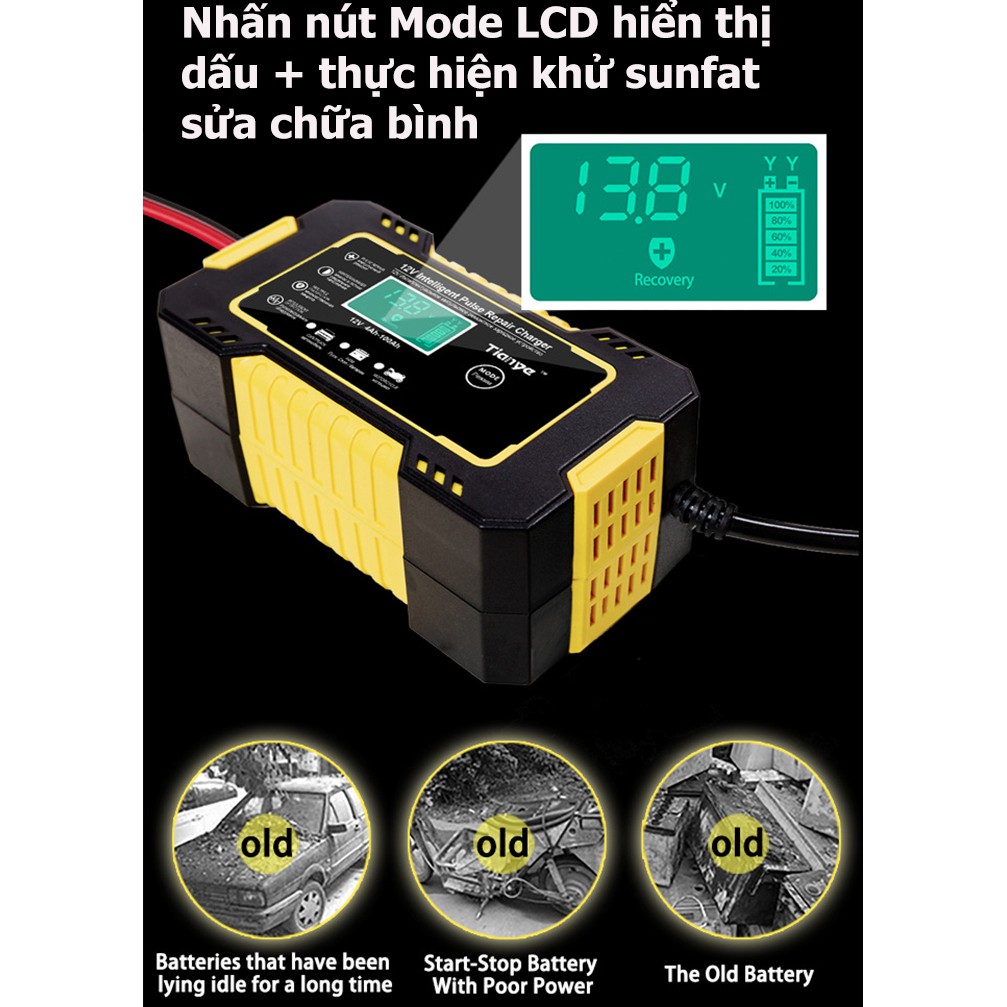 Sạc bình ắc quy 12v 6A 100Ah TIANYE có khử sunfat phục hồi bình- chống chập chống ngược cực- sạc acquy xe máy- ô tô