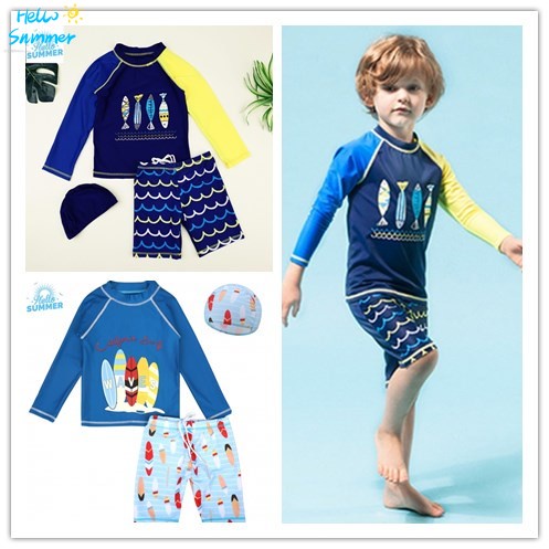 Bộ Đồ Bơi Áo Tay Dài + Quần + Nón Bơi Dành Cho Bé Trai 2-13 Tuổi 7106
