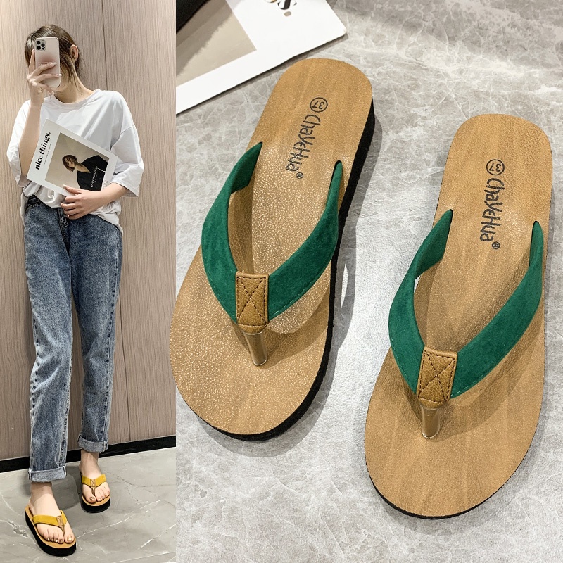 Dép Xỏ Ngón Đế Dày Tăng Chiều Cao Màu Đen/Xanh Lá Thời Trang Cho Nữ