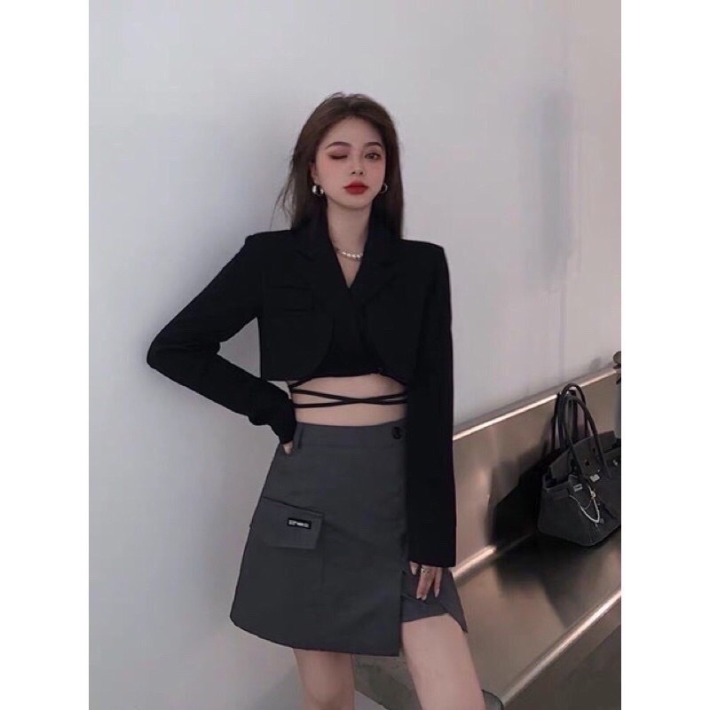 [CÓ SẴN] Set Ulzzang Áo Blazer Croptop Đan Dây + Chân Váy Xẻ Tà Thời Trang (Có Ảnh Thật)