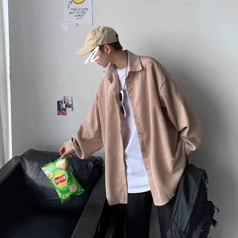 Áo Khoác Nam Dài Tay áo sơ mi nam Cổ Bẻ áo sơ mi nữ Thời Trang Hàn áo sơ mi nhung tăm nam phong cách Hàn Quốc sơ mi nữ form rộng