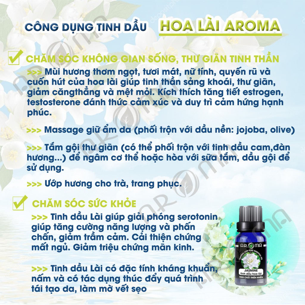 Tinh dầu Hoa lài Jasmine, tinh dầu thơm phòng AROMA thiên nhiên nguyên chất