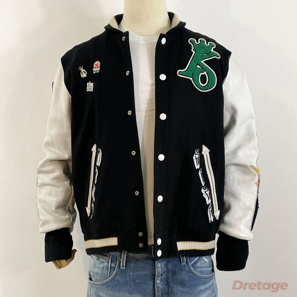 Áo Khoác Bóng Chày Varsity Phối Tay Da Thật Kingsize Vintage 90s