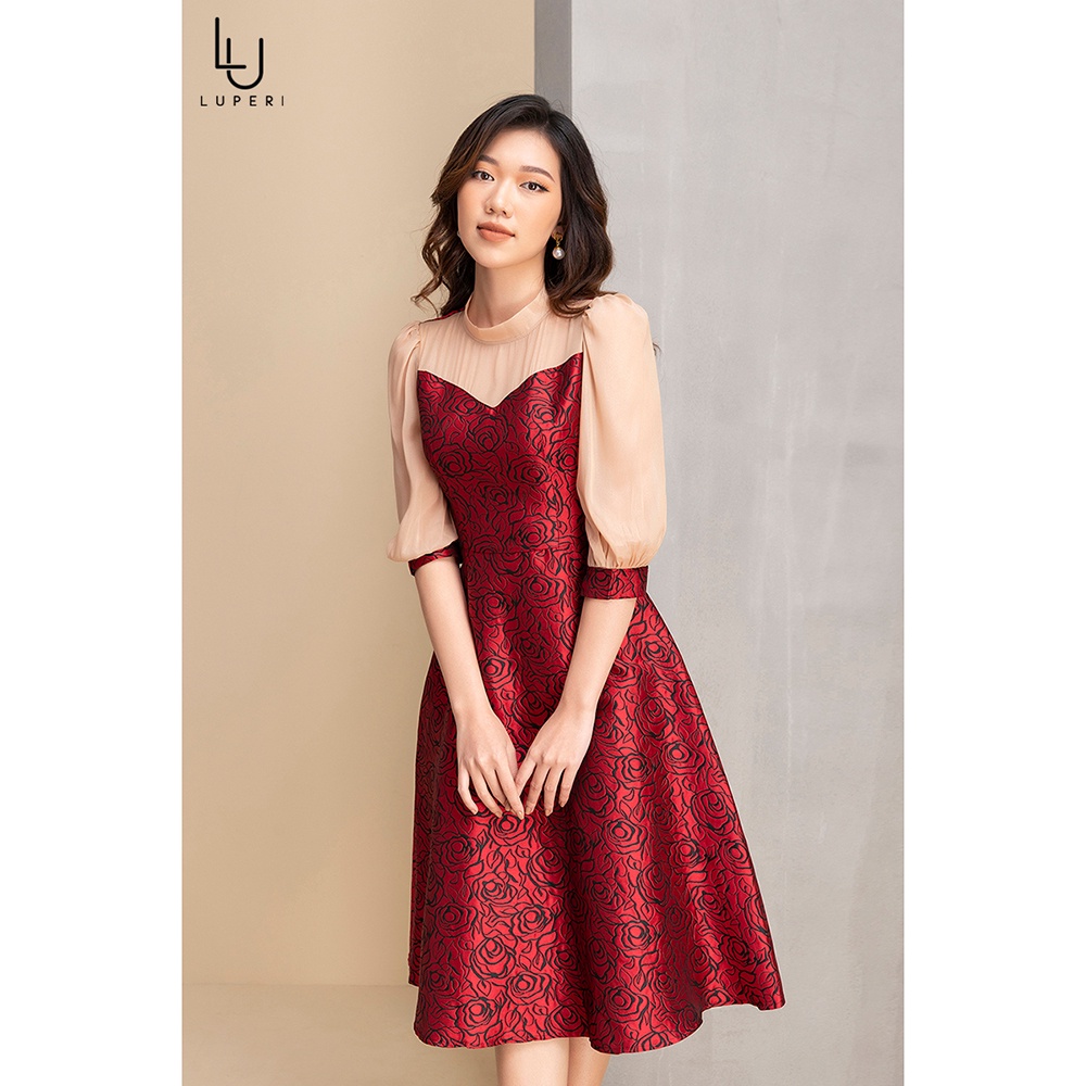 Váy Gấm Chữ A Xòe Nhẹ Phối Tay Thương Hiệu Luperi LFV3252