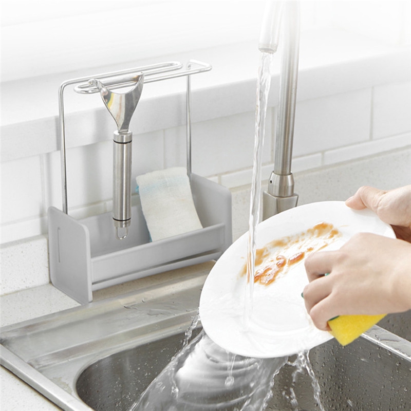 Hộp để dụng cụ rửa chén có giá máng khăn có rãnh thoát nước đa năng dùng trên bồn rửa chén nhà bếp không cần đinh
