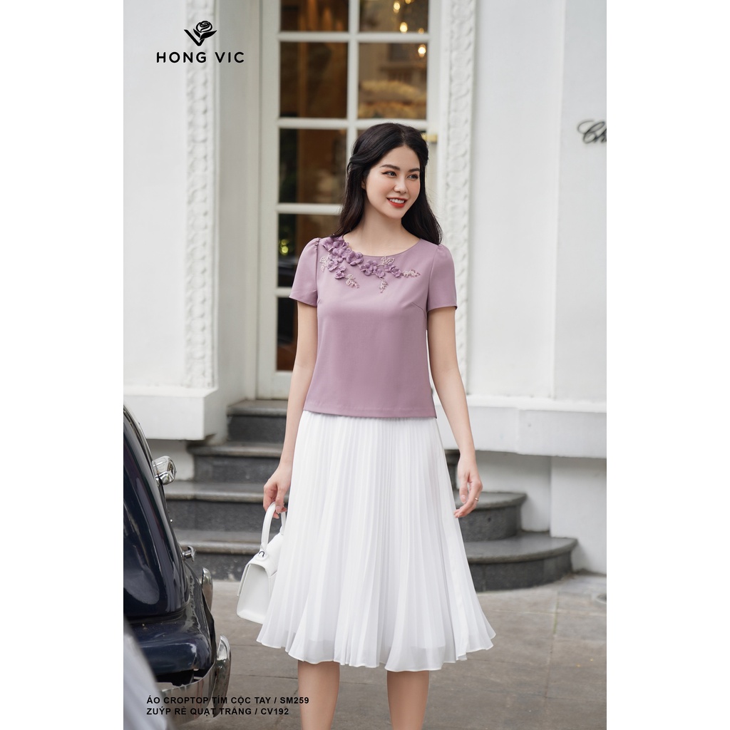 Áo nữ thiết kế Hong Vic croptop tím cộc tay SM259