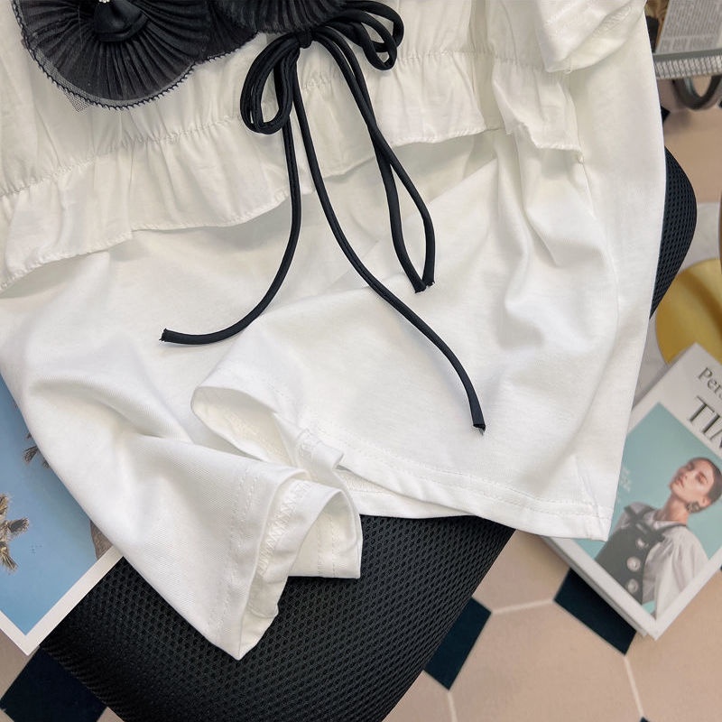 Japanese retro short sleeve T-shirt women's summer 2022 new design sense three-dimensional flower Ruffle bow top