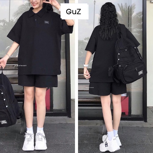 set áo thun quần đùi polo logo form rộng, Set ao Phông quần short dáng rộng GuZ