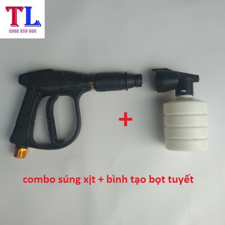 Súng Xịt Rửa Xe Áp Lực Cao Và Bình Tạo Bọt Tuyết (súng đen ren 22mm + bình bọt tuyết 0,5 lít)