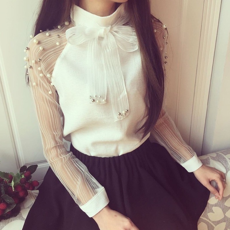 FREESHIP ĐƠN 99K_ Áo chiffon tay ren dài có đính ngọc trai giả cho nữ