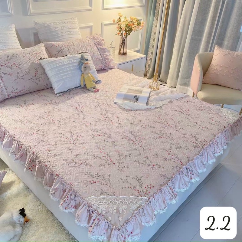 Bộ thảm ga giường kèm 2 vỏ gối cotton phối bèo công chúa siêu xinh, mẫu mới nhất 2022 đủ kích thước