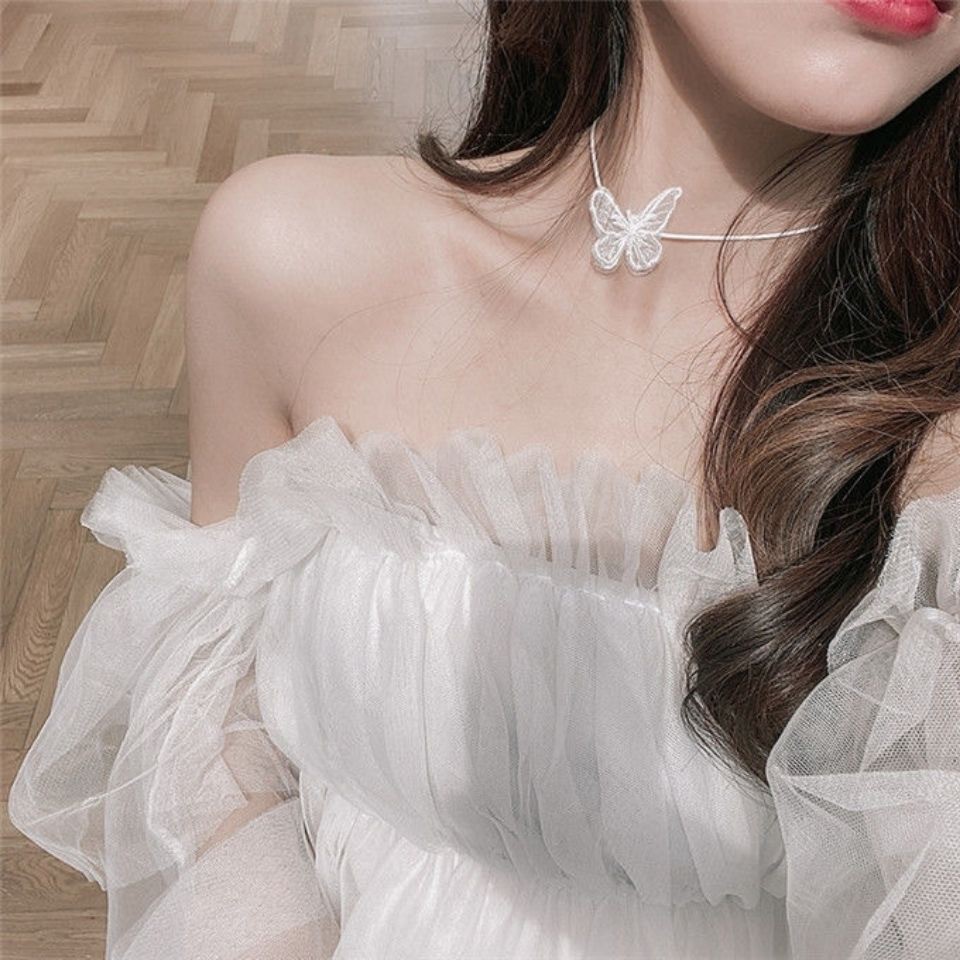 Vòng cổ bướm trắng voan dây da nhân tạo quyến rũ VC128