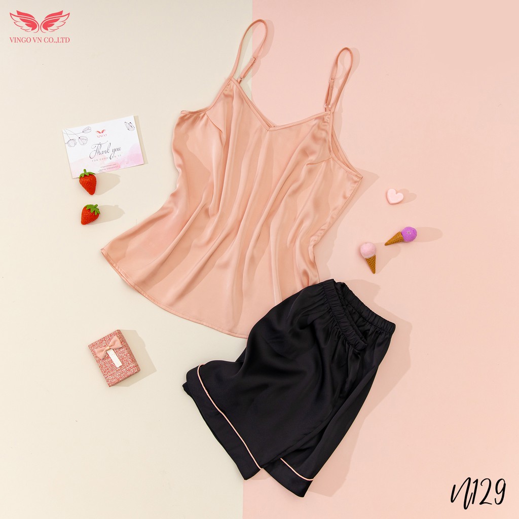 VINGO Bộ Đồ Ngủ Hai Dây Nữ Lụa Pháp Cổ V Họa Tiết Trơn Cao Cấp N129 VNGO | BigBuy360 - bigbuy360.vn