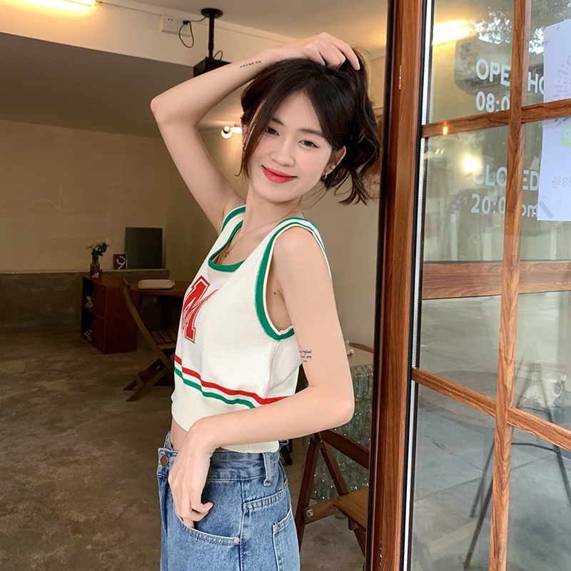 Porozi  Áo croptop hai dây dệt kim  sát nách in chữ thời trang Hàn Quốc cho nữ