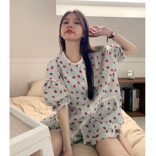 BN13_Bộ ngủ pijama ngắn tay | Váy ngủ hoạt tiết dâu tay phối ren công chúa Hàn Quốc