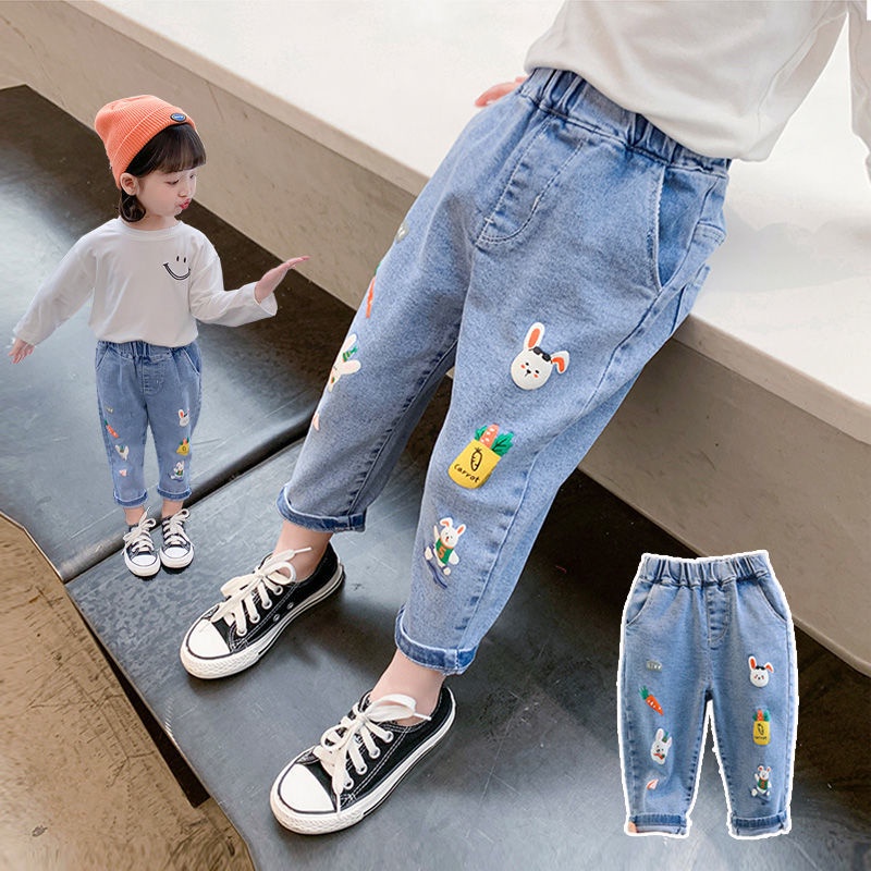 Quần jean dài  thêu hình thỏ/trái tim/hoa cúc hoạt hình dễ thương cho bé 1-9 tuổi
