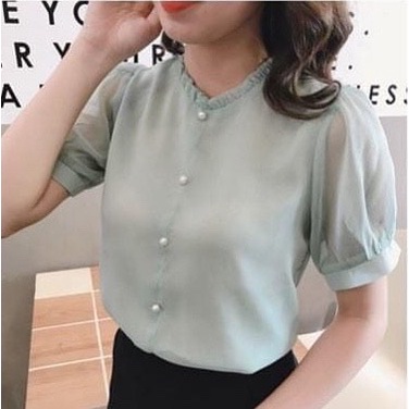 Áo sơ mi tay bồng Gloria Shop, Áo kiểu nữ cổ xếp ly đính cúc ngọc thời trang chất vải mềm mịn Hồng + Xanh SMK15