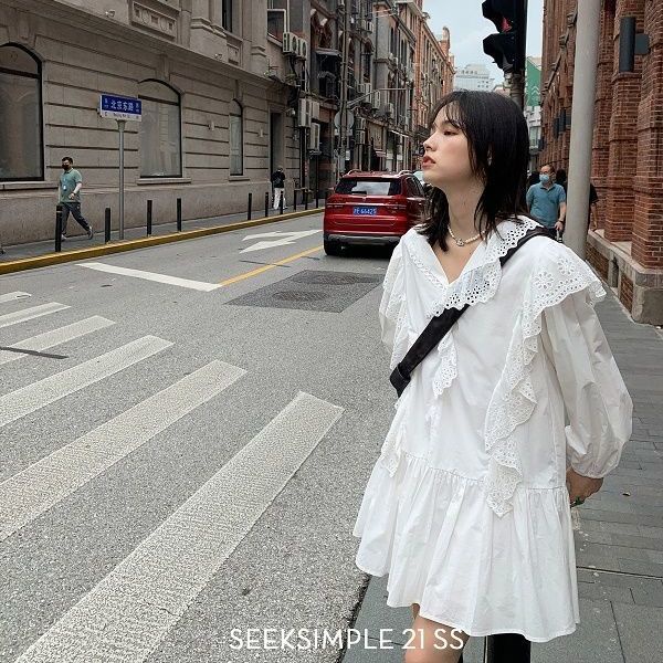 Đầm trắng tay dài thời trang mùa thu kiểu Pháp 2021