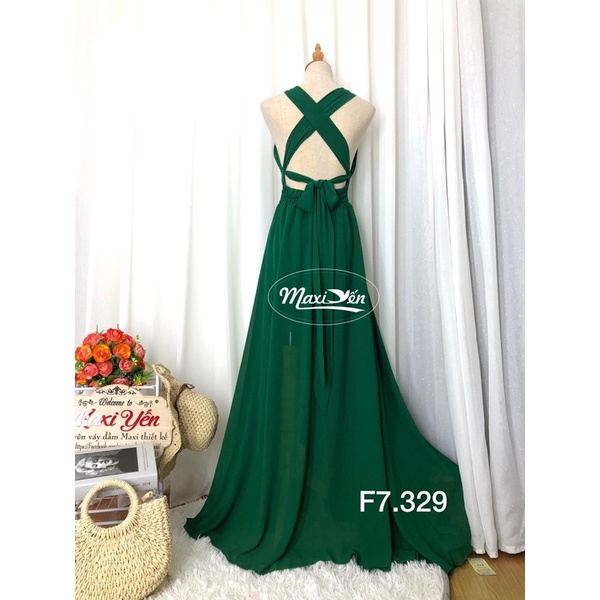 Đầm maxi xanh lá hở lưng dây chéo xẻ tà đùi váy đi biển đẹp F7.329 Maxi Yến