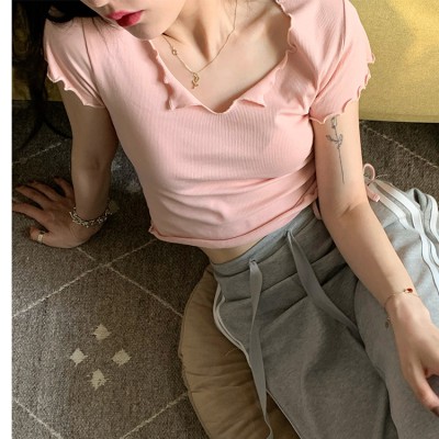 NRVP Áo croptop dệt kim tay ngắn cổ chữ V thời trang hè cho nữ