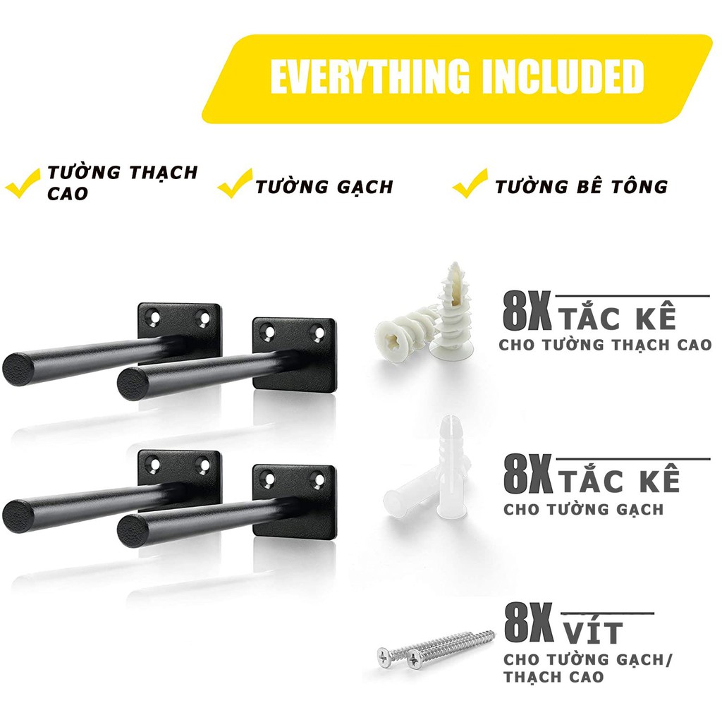 Bộ 4 chốt âm kệ treo tường, pát âm đỡ kệ trang trí bằng thép đặc 15cm và 12cm, kèm phụ kiện vít tắc kê