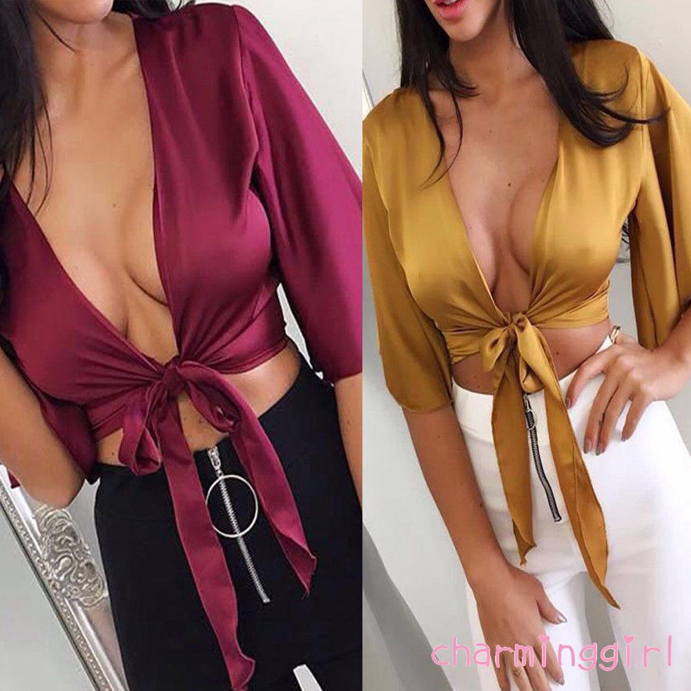 Áo croptop lụa satin thắt nơ eo quyến rũ cho nữ
