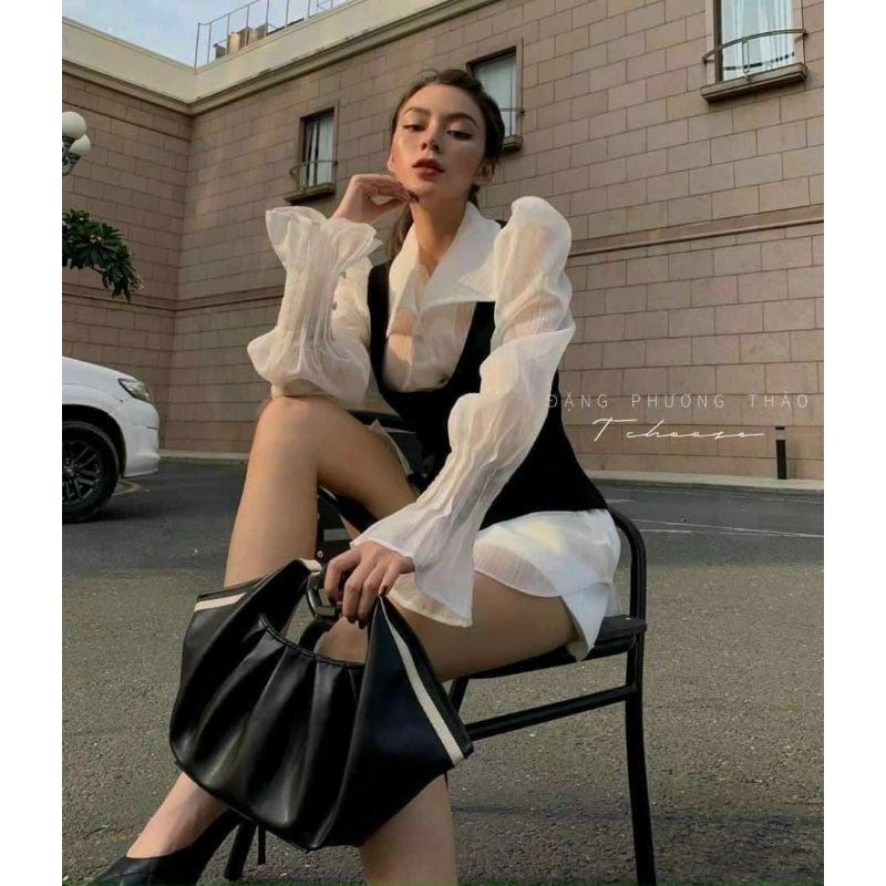Set Áo Sơ Mi Tay Phồng Kèm Khoác Gile Đen Hot Trend