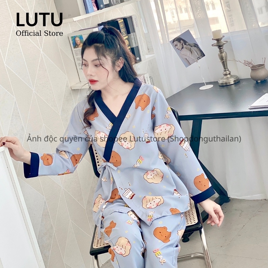 Bộ Pijama Kimono Dài Tay Phối Viền Họa Tiết Dễ Thương Chất Mềm Mịn | BigBuy360 - bigbuy360.vn