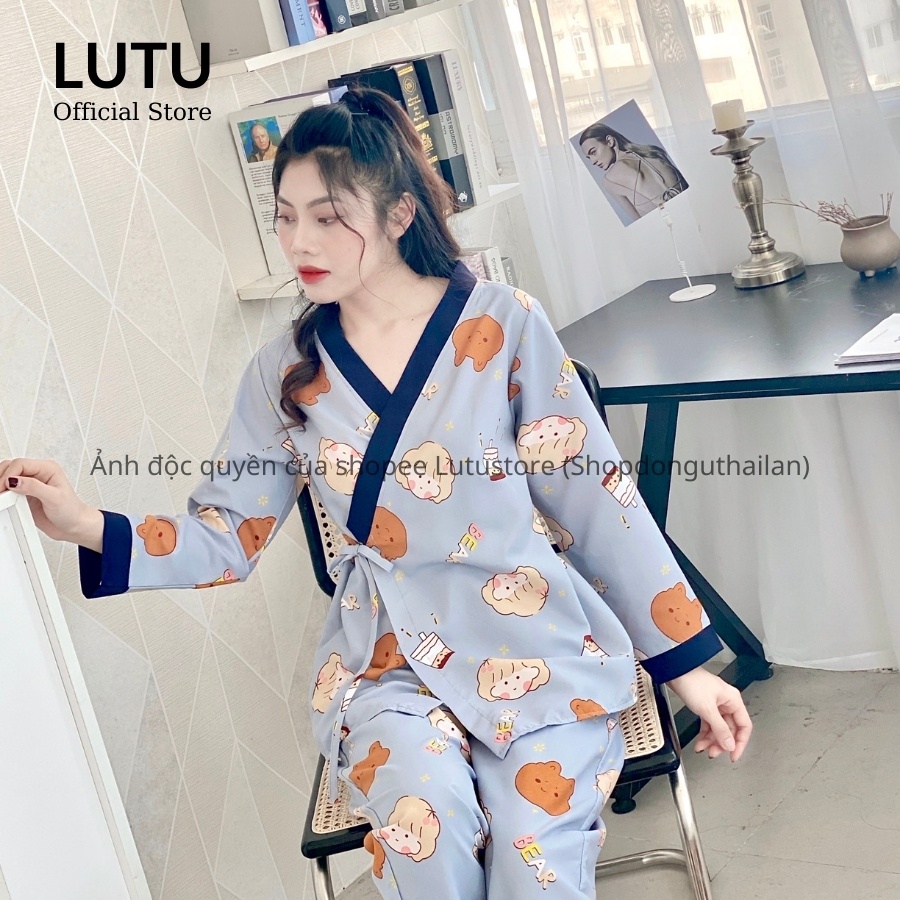 Bộ Pijama Kimono Dài Tay Phối Viền Họa Tiết Dễ Thương Chất Mềm Mịn | WebRaoVat - webraovat.net.vn