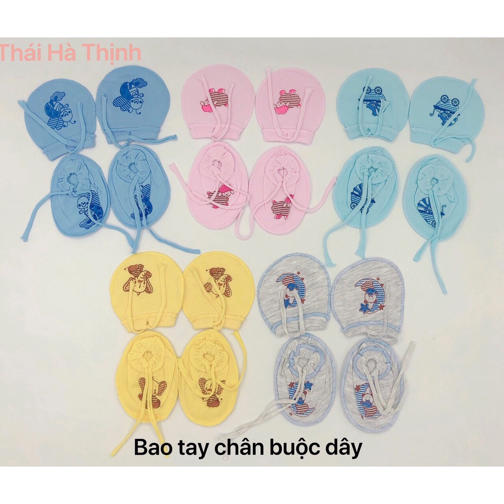 Set bao tay kèm bao chân buộc dây Thái Hà Thịnh, cotton mềm cho bé