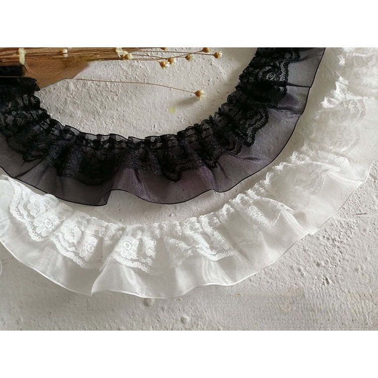 Dải ren lưới hai lớp màu đen/ trắng dài 1m dùng trang trí giường ngủ