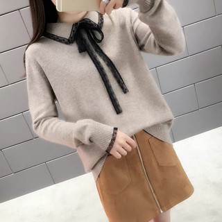 Áo len nữ cổ sơ mi phối nơ đẹp