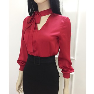 Áo kiểu đẹp💖 Giảm 20k cho đơn 2 SP💖Áo sơ mi nữ đỏ thắt nơ #chất đẹp, ảnh thật 100%