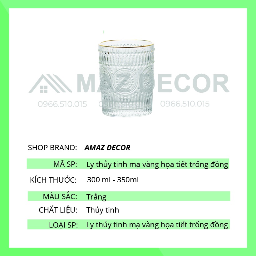 Đồ decor ĐẸP Bộ 6 cốc ly thủy tinh pha lê mạ vàng họa tiết trống đồng chịu nhiệt sang trọng tinh tế - Phong cách Bắc Âu