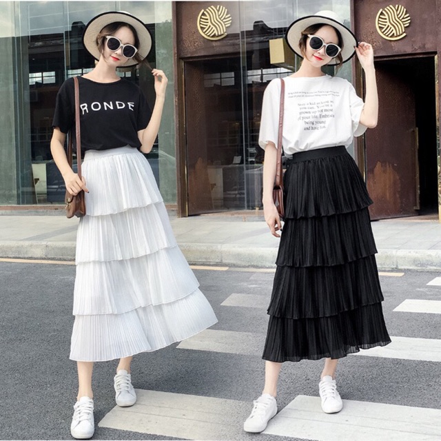 Chân váy 4 tầng dập ly nhỏ midi hàng Quảng Châu