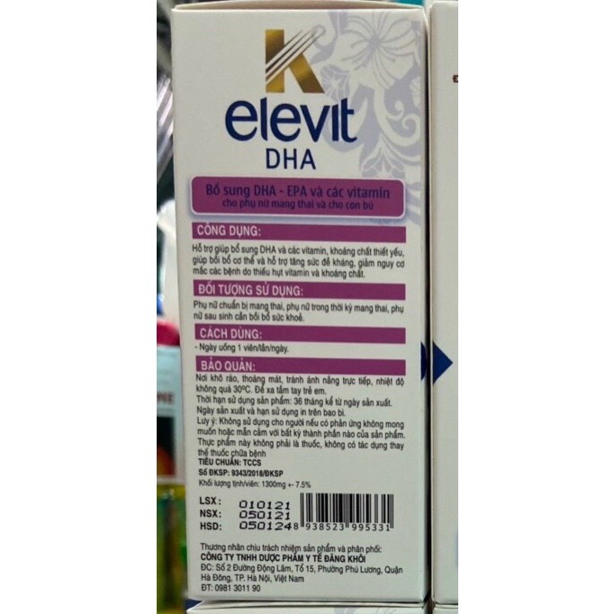 Viên bổ bà bầu K ELEVIT DHA - Bổ sung sắt, acid folic, vitamin cho phụ nữ mang thai và cho con bú hộp 30 viên