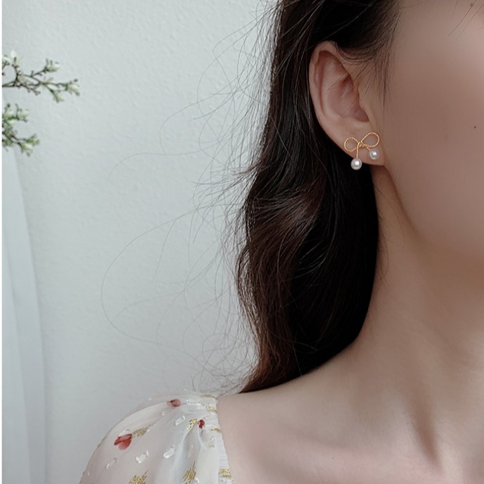 Bông tai mạ bạc hình nơ đính ngọc trai đơn giản sang trọng