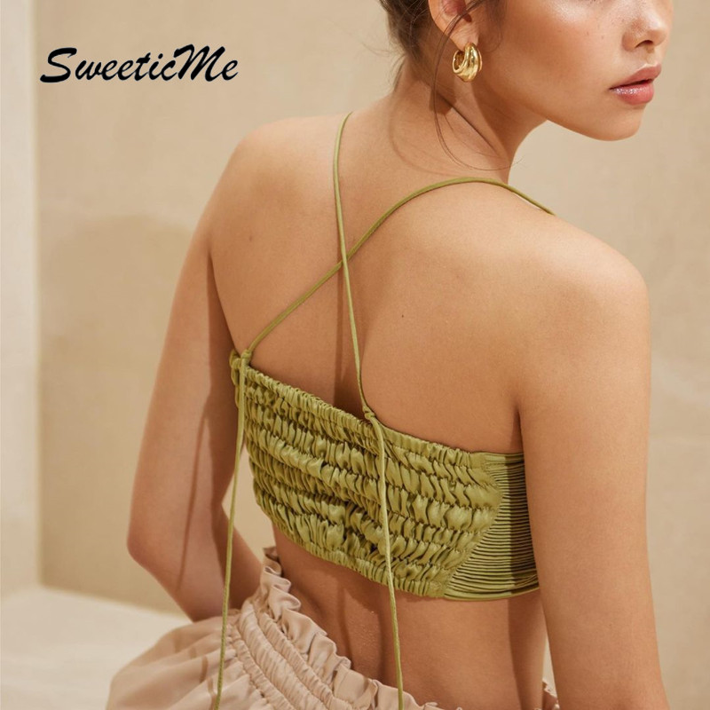 Áo Lửng Hai Dây Màu Trơn Siêu Ngắn Thiết Kế Xếp Ly Thời Trang Mới Cho Nữ | BigBuy360 - bigbuy360.vn