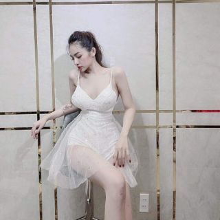 Đầm 2 dây lưới kim sa